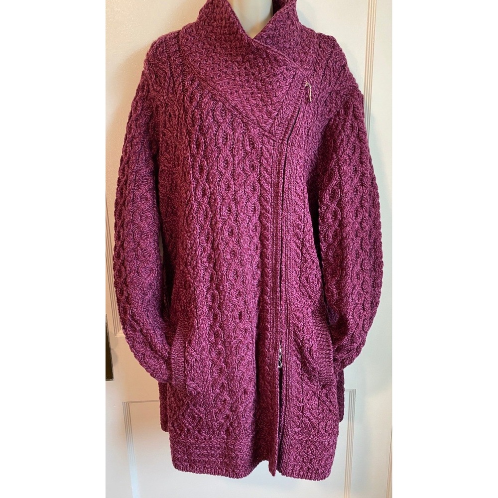 Aran Crafts Ireland 100% Merino Wool Asymmetrical Zip Cable Knit Cardigan XXL